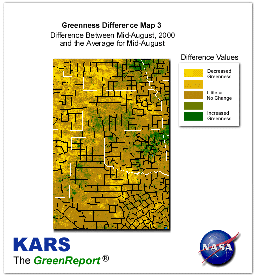 Color-coded Wheat Belt vegetation greeness index map for Period 33 of 2000, illustrating spatial variations in plant vigor, with greener tones indicating higher biomass and browner tones indicating stressed vegetation,
              comparing current crop/vegetation change in biomass to the 20-year greenness average.
