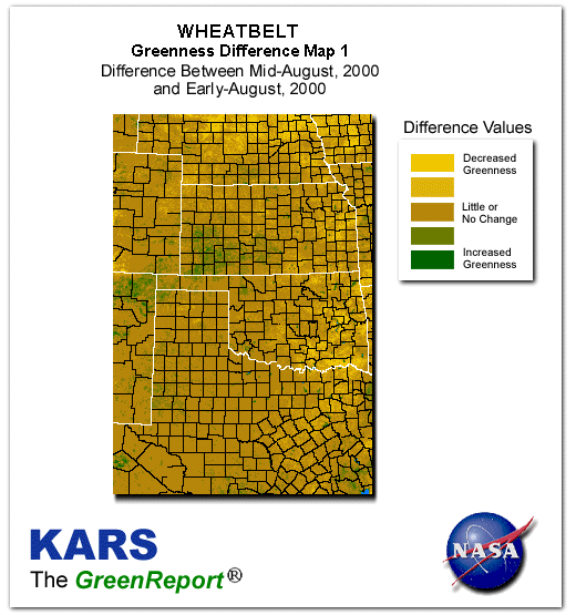 Color-coded Wheat Belt vegetation greeness index map for Period 34 of 2000, illustrating spatial variations in plant vigor, with greener tones indicating higher biomass and browner tones indicating stressed vegetation,
              comparing current crop/vegetation change in biomass to the previous week within the same year.