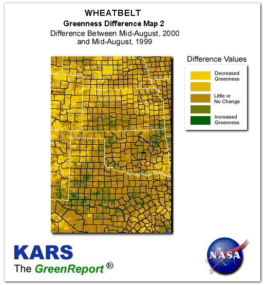 Color-coded Wheat Belt vegetation greeness index map for Period 34 of 2000, illustrating spatial variations in plant vigor, with greener tones indicating higher biomass and browner tones indicating stressed vegetation,
              comparing current crop/vegetation change in biomass to same period from the previous year.