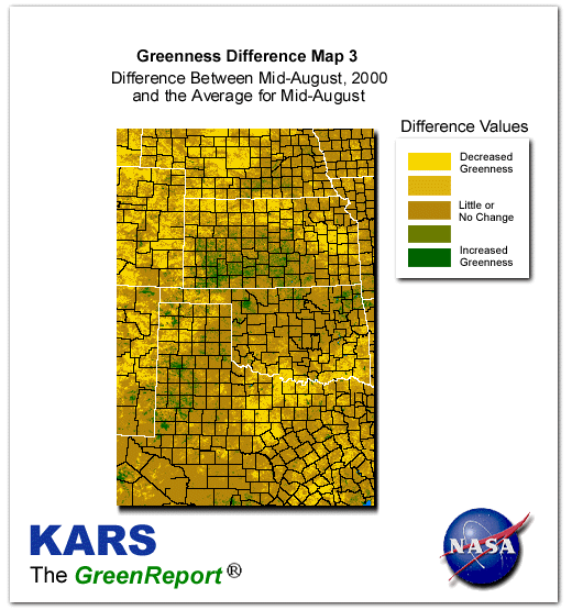 Color-coded Wheat Belt vegetation greeness index map for Period 34 of 2000, illustrating spatial variations in plant vigor, with greener tones indicating higher biomass and browner tones indicating stressed vegetation,
              comparing current crop/vegetation change in biomass to the 20-year greenness average.