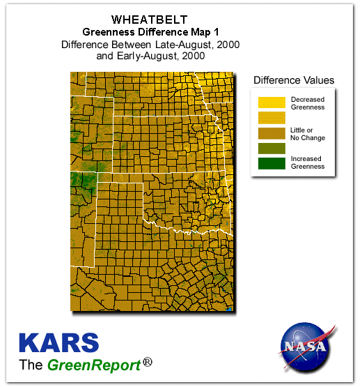 Color-coded Wheat Belt vegetation greeness index map for Period 35 of 2000, illustrating spatial variations in plant vigor, with greener tones indicating higher biomass and browner tones indicating stressed vegetation,
              comparing current crop/vegetation change in biomass to the previous week within the same year.