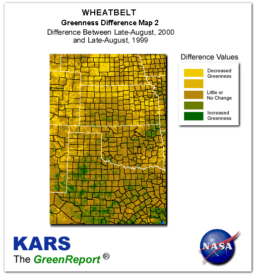 Color-coded Wheat Belt vegetation greeness index map for Period 35 of 2000, illustrating spatial variations in plant vigor, with greener tones indicating higher biomass and browner tones indicating stressed vegetation,
              comparing current crop/vegetation change in biomass to same period from the previous year.