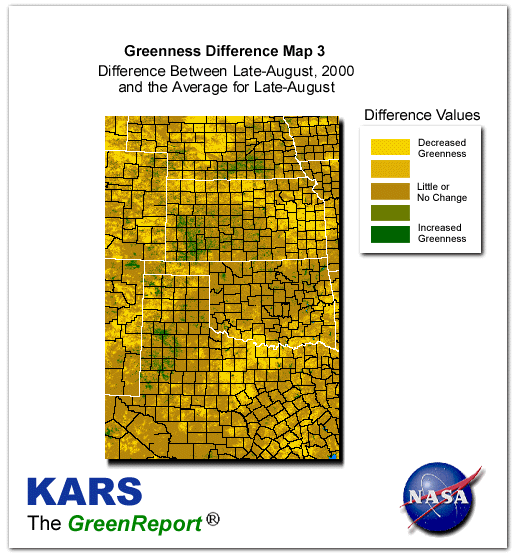 Color-coded Wheat Belt vegetation greeness index map for Period 35 of 2000, illustrating spatial variations in plant vigor, with greener tones indicating higher biomass and browner tones indicating stressed vegetation,
              comparing current crop/vegetation change in biomass to the 20-year greenness average.
