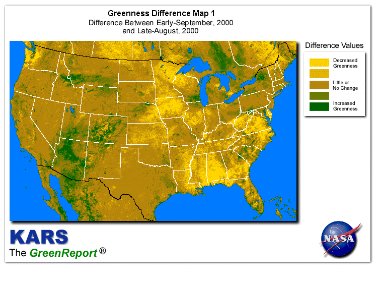 Color-coded U.S. vegetation greeness index map for Period 36 of 2000, illustrating spatial variations in plant vigor, with greener tones indicating higher biomass and browner tones indicating stressed vegetation,
              comparing current crop/vegetation change in biomass to the previous week within the same year.