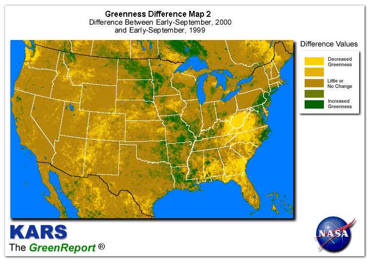 Color-coded U.S. vegetation greeness index map for Period 36 of 2000, illustrating spatial variations in plant vigor, with greener tones indicating higher biomass and browner tones indicating stressed vegetation,
              comparing current crop/vegetation change in biomass to same period from the previous year.