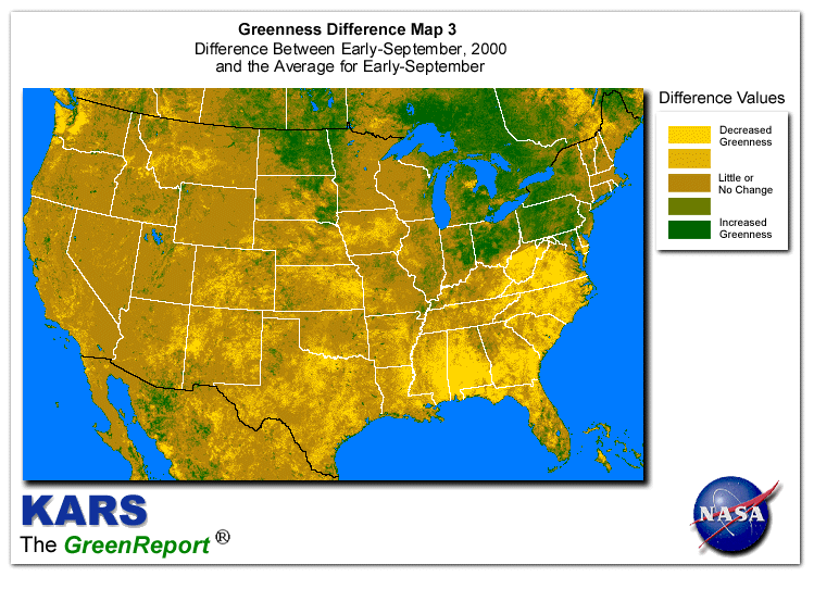 Color-coded U.S. vegetation greeness index map for Period 36 of 2000, illustrating spatial variations in plant vigor, with greener tones indicating higher biomass and browner tones indicating stressed vegetation,
              comparing current crop/vegetation change in biomass to the 20-year greenness average.