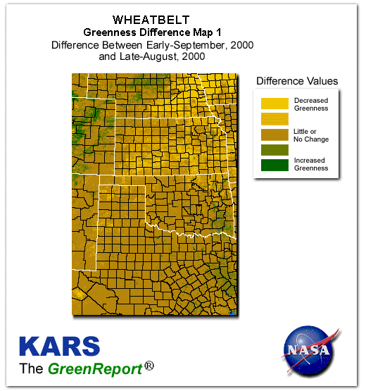 Color-coded Wheat Belt vegetation greeness index map for Period 36 of 2000, illustrating spatial variations in plant vigor, with greener tones indicating higher biomass and browner tones indicating stressed vegetation,
              comparing current crop/vegetation change in biomass to the previous week within the same year.