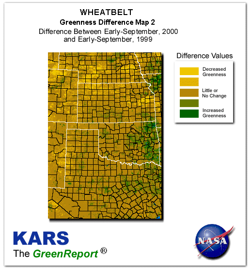 Color-coded Wheat Belt vegetation greeness index map for Period 36 of 2000, illustrating spatial variations in plant vigor, with greener tones indicating higher biomass and browner tones indicating stressed vegetation,
              comparing current crop/vegetation change in biomass to same period from the previous year.