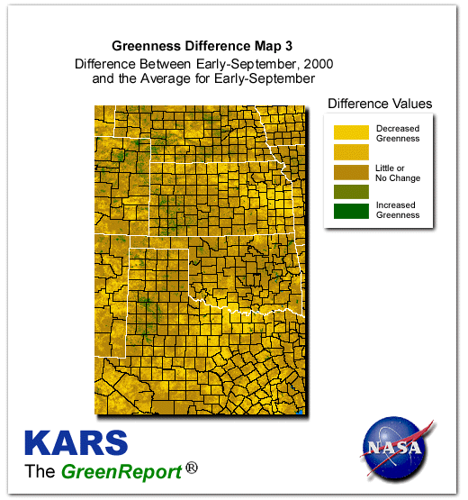 Color-coded Wheat Belt vegetation greeness index map for Period 36 of 2000, illustrating spatial variations in plant vigor, with greener tones indicating higher biomass and browner tones indicating stressed vegetation,
              comparing current crop/vegetation change in biomass to the 20-year greenness average.