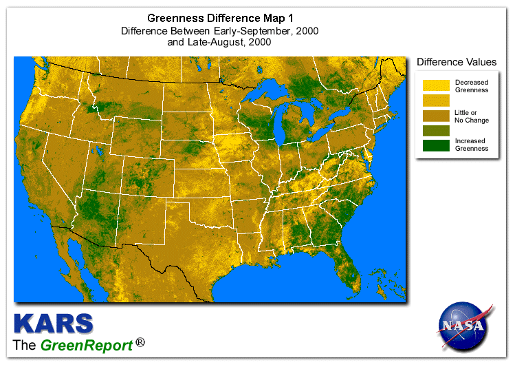 Color-coded U.S. vegetation greeness index map for Period 37 of 2000, illustrating spatial variations in plant vigor, with greener tones indicating higher biomass and browner tones indicating stressed vegetation,
              comparing current crop/vegetation change in biomass to the previous week within the same year.