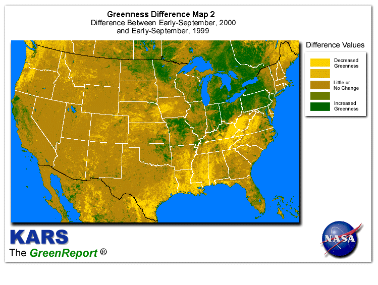 Color-coded U.S. vegetation greeness index map for Period 37 of 2000, illustrating spatial variations in plant vigor, with greener tones indicating higher biomass and browner tones indicating stressed vegetation,
              comparing current crop/vegetation change in biomass to same period from the previous year.
