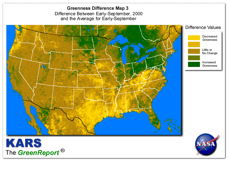 Color-coded U.S. vegetation greeness index map for Period 37 of 2000, illustrating spatial variations in plant vigor, with greener tones indicating higher biomass and browner tones indicating stressed vegetation,
              comparing current crop/vegetation change in biomass to the 20-year greenness average.