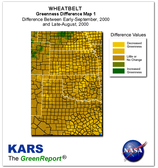 Color-coded Wheat Belt vegetation greeness index map for Period 37 of 2000, illustrating spatial variations in plant vigor, with greener tones indicating higher biomass and browner tones indicating stressed vegetation,
              comparing current crop/vegetation change in biomass to the previous week within the same year.