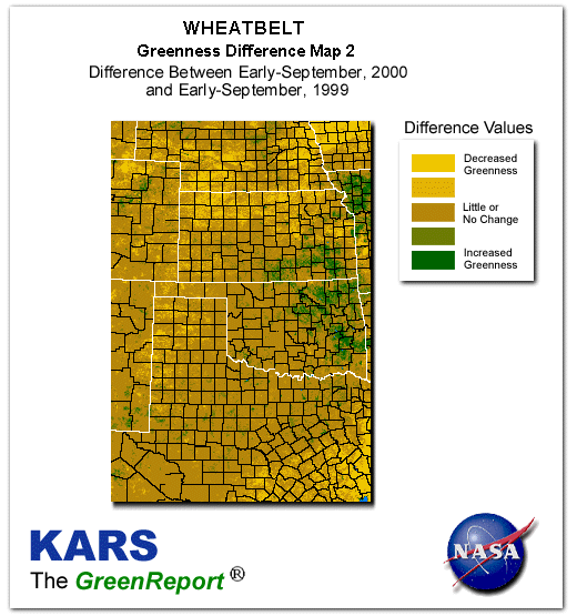 Color-coded Wheat Belt vegetation greeness index map for Period 37 of 2000, illustrating spatial variations in plant vigor, with greener tones indicating higher biomass and browner tones indicating stressed vegetation,
              comparing current crop/vegetation change in biomass to same period from the previous year.