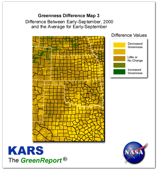 Color-coded Wheat Belt vegetation greeness index map for Period 37 of 2000, illustrating spatial variations in plant vigor, with greener tones indicating higher biomass and browner tones indicating stressed vegetation,
              comparing current crop/vegetation change in biomass to the 20-year greenness average.