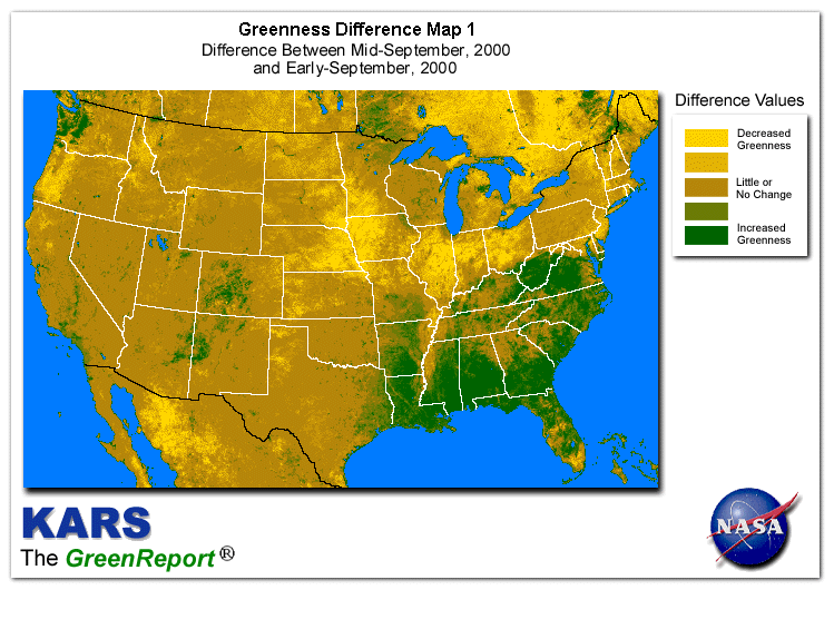 Color-coded U.S. vegetation greeness index map for Period 38 of 2000, illustrating spatial variations in plant vigor, with greener tones indicating higher biomass and browner tones indicating stressed vegetation,
              comparing current crop/vegetation change in biomass to the previous week within the same year.