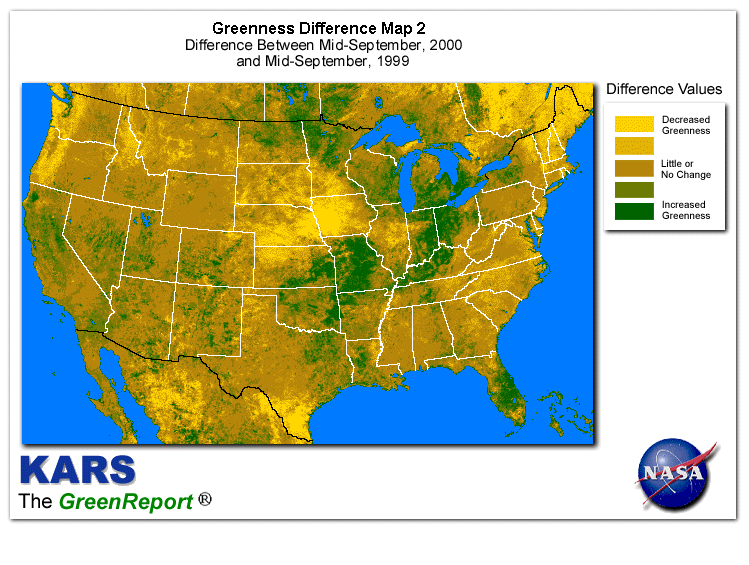 Color-coded U.S. vegetation greeness index map for Period 38 of 2000, illustrating spatial variations in plant vigor, with greener tones indicating higher biomass and browner tones indicating stressed vegetation,
              comparing current crop/vegetation change in biomass to same period from the previous year.