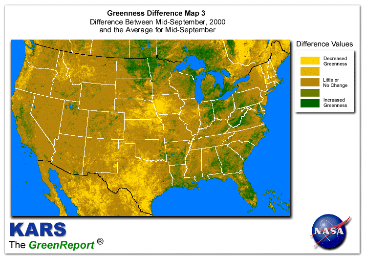 Color-coded U.S. vegetation greeness index map for Period 38 of 2000, illustrating spatial variations in plant vigor, with greener tones indicating higher biomass and browner tones indicating stressed vegetation,
              comparing current crop/vegetation change in biomass to the 20-year greenness average.