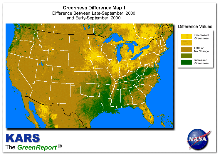 Color-coded U.S. vegetation greeness index map for Period 39 of 2000, illustrating spatial variations in plant vigor, with greener tones indicating higher biomass and browner tones indicating stressed vegetation,
              comparing current crop/vegetation change in biomass to the previous week within the same year.
