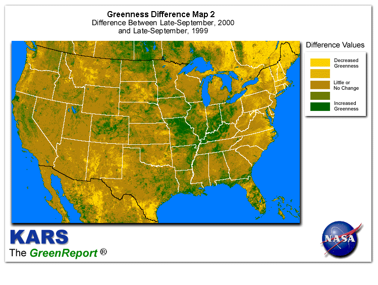 Color-coded U.S. vegetation greeness index map for Period 39 of 2000, illustrating spatial variations in plant vigor, with greener tones indicating higher biomass and browner tones indicating stressed vegetation,
              comparing current crop/vegetation change in biomass to same period from the previous year.