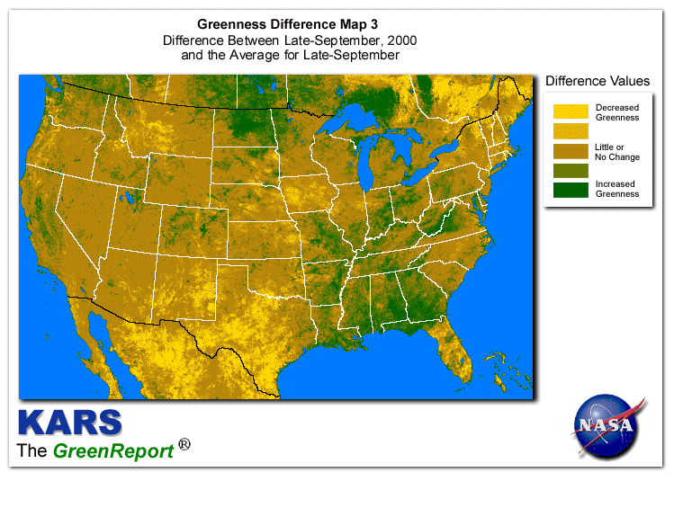 Color-coded U.S. vegetation greeness index map for Period 39 of 2000, illustrating spatial variations in plant vigor, with greener tones indicating higher biomass and browner tones indicating stressed vegetation,
              comparing current crop/vegetation change in biomass to the 20-year greenness average.