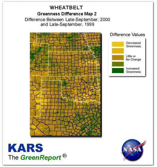 Color-coded Wheat Belt vegetation greeness index map for Period 39 of 2000, illustrating spatial variations in plant vigor, with greener tones indicating higher biomass and browner tones indicating stressed vegetation,
              comparing current crop/vegetation change in biomass to same period from the previous year.