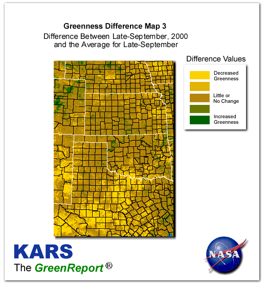 Color-coded Wheat Belt vegetation greeness index map for Period 39 of 2000, illustrating spatial variations in plant vigor, with greener tones indicating higher biomass and browner tones indicating stressed vegetation,
              comparing current crop/vegetation change in biomass to the 20-year greenness average.