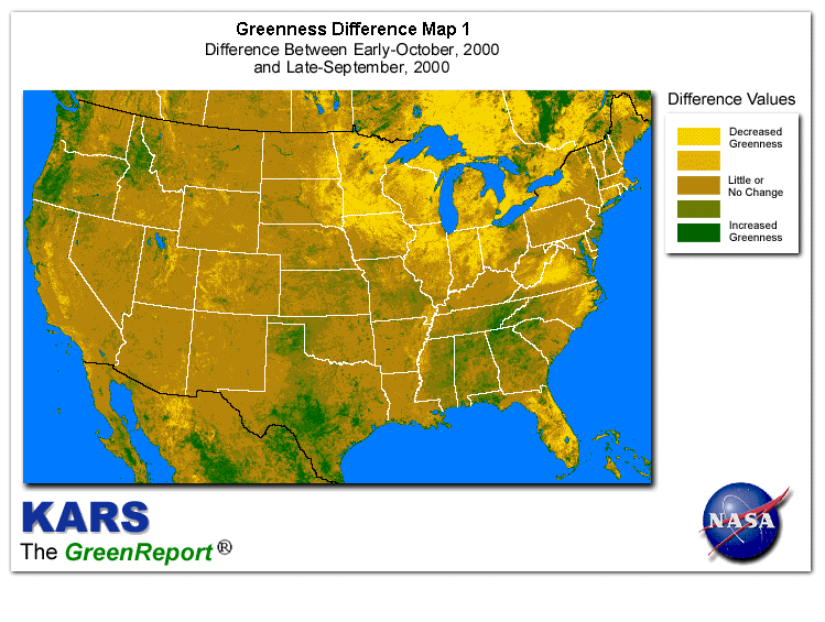 Color-coded U.S. vegetation greeness index map for Period 40 of 2000, illustrating spatial variations in plant vigor, with greener tones indicating higher biomass and browner tones indicating stressed vegetation,
              comparing current crop/vegetation change in biomass to the previous week within the same year.