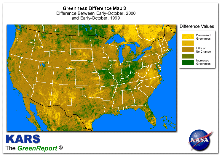 Color-coded U.S. vegetation greeness index map for Period 40 of 2000, illustrating spatial variations in plant vigor, with greener tones indicating higher biomass and browner tones indicating stressed vegetation,
              comparing current crop/vegetation change in biomass to same period from the previous year.