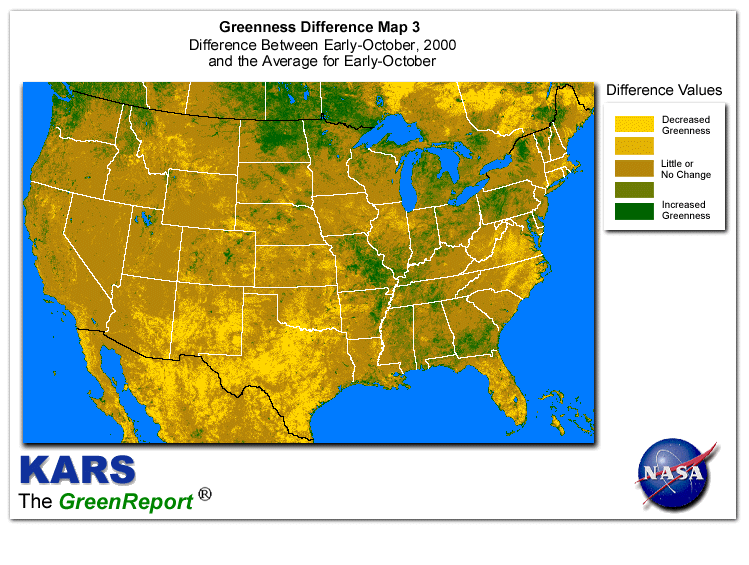 Color-coded U.S. vegetation greeness index map for Period 40 of 2000, illustrating spatial variations in plant vigor, with greener tones indicating higher biomass and browner tones indicating stressed vegetation,
              comparing current crop/vegetation change in biomass to the 20-year greenness average.