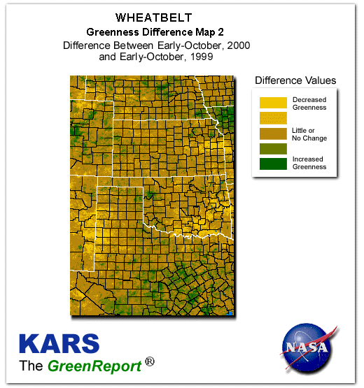 Color-coded Wheat Belt vegetation greeness index map for Period 40 of 2000, illustrating spatial variations in plant vigor, with greener tones indicating higher biomass and browner tones indicating stressed vegetation,
              comparing current crop/vegetation change in biomass to same period from the previous year.