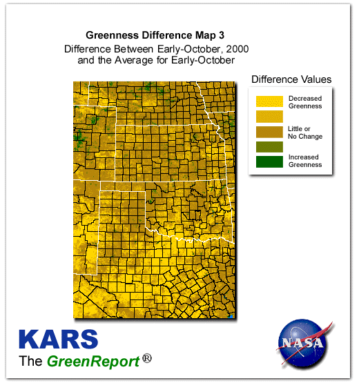 Color-coded Wheat Belt vegetation greeness index map for Period 40 of 2000, illustrating spatial variations in plant vigor, with greener tones indicating higher biomass and browner tones indicating stressed vegetation,
              comparing current crop/vegetation change in biomass to the 20-year greenness average.