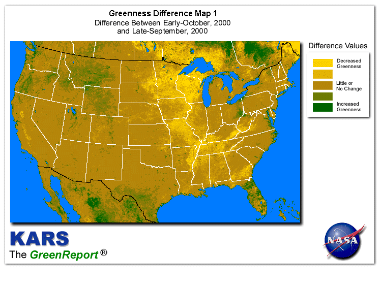 Color-coded U.S. vegetation greeness index map for Period 41 of 2000, illustrating spatial variations in plant vigor, with greener tones indicating higher biomass and browner tones indicating stressed vegetation,
              comparing current crop/vegetation change in biomass to the previous week within the same year.