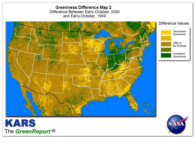 Color-coded U.S. vegetation greeness index map for Period 41 of 2000, illustrating spatial variations in plant vigor, with greener tones indicating higher biomass and browner tones indicating stressed vegetation,
              comparing current crop/vegetation change in biomass to same period from the previous year.