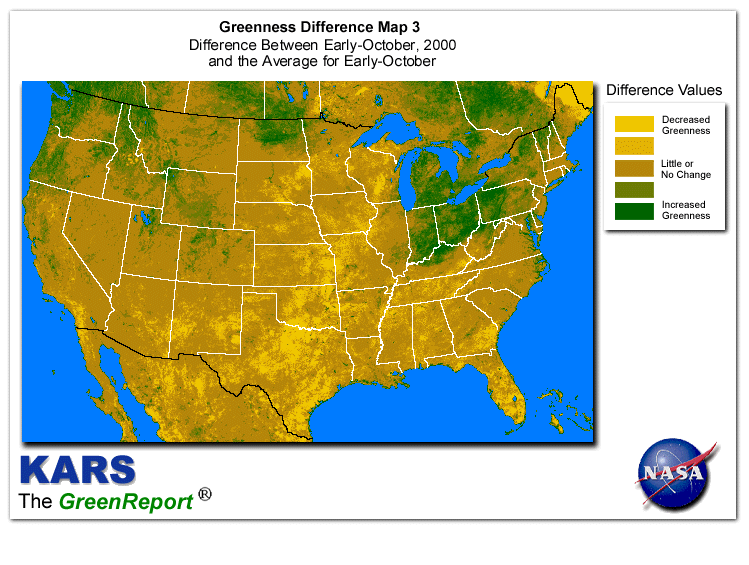 Color-coded U.S. vegetation greeness index map for Period 41 of 2000, illustrating spatial variations in plant vigor, with greener tones indicating higher biomass and browner tones indicating stressed vegetation,
              comparing current crop/vegetation change in biomass to the 20-year greenness average.