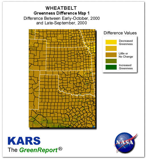 Color-coded Wheat Belt vegetation greeness index map for Period 41 of 2000, illustrating spatial variations in plant vigor, with greener tones indicating higher biomass and browner tones indicating stressed vegetation,
              comparing current crop/vegetation change in biomass to the previous week within the same year.