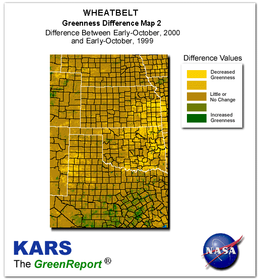Color-coded Wheat Belt vegetation greeness index map for Period 41 of 2000, illustrating spatial variations in plant vigor, with greener tones indicating higher biomass and browner tones indicating stressed vegetation,
              comparing current crop/vegetation change in biomass to same period from the previous year.