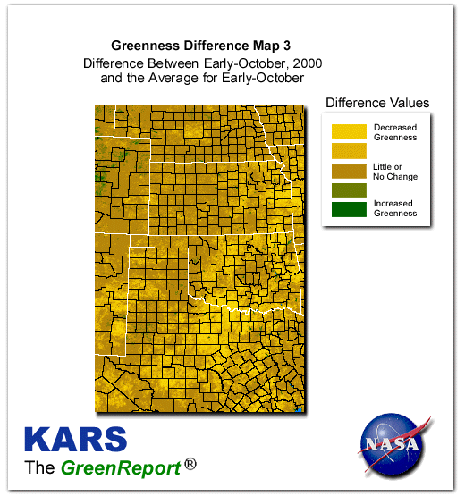 Color-coded Wheat Belt vegetation greeness index map for Period 41 of 2000, illustrating spatial variations in plant vigor, with greener tones indicating higher biomass and browner tones indicating stressed vegetation,
              comparing current crop/vegetation change in biomass to the 20-year greenness average.