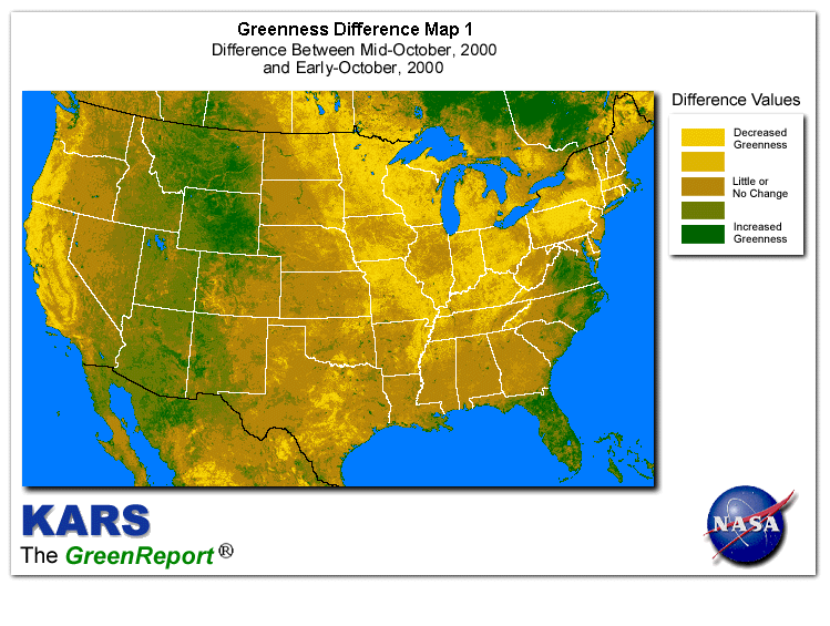 Color-coded U.S. vegetation greeness index map for Period 42 of 2000, illustrating spatial variations in plant vigor, with greener tones indicating higher biomass and browner tones indicating stressed vegetation,
              comparing current crop/vegetation change in biomass to the previous week within the same year.