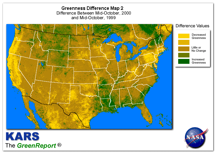 Color-coded U.S. vegetation greeness index map for Period 42 of 2000, illustrating spatial variations in plant vigor, with greener tones indicating higher biomass and browner tones indicating stressed vegetation,
              comparing current crop/vegetation change in biomass to same period from the previous year.