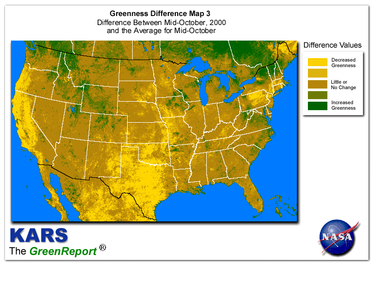 Color-coded U.S. vegetation greeness index map for Period 42 of 2000, illustrating spatial variations in plant vigor, with greener tones indicating higher biomass and browner tones indicating stressed vegetation,
              comparing current crop/vegetation change in biomass to the 20-year greenness average.