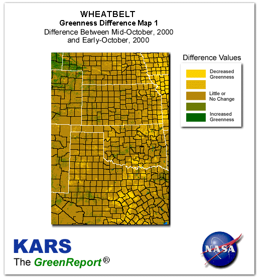Color-coded Wheat Belt vegetation greeness index map for Period 42 of 2000, illustrating spatial variations in plant vigor, with greener tones indicating higher biomass and browner tones indicating stressed vegetation,
              comparing current crop/vegetation change in biomass to the previous week within the same year.