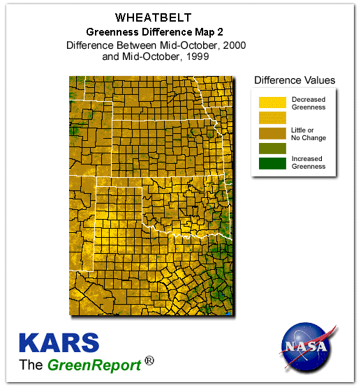 Color-coded Wheat Belt vegetation greeness index map for Period 42 of 2000, illustrating spatial variations in plant vigor, with greener tones indicating higher biomass and browner tones indicating stressed vegetation,
              comparing current crop/vegetation change in biomass to same period from the previous year.