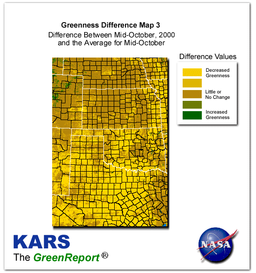 Color-coded Wheat Belt vegetation greeness index map for Period 42 of 2000, illustrating spatial variations in plant vigor, with greener tones indicating higher biomass and browner tones indicating stressed vegetation,
              comparing current crop/vegetation change in biomass to the 20-year greenness average.