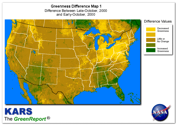 Color-coded U.S. vegetation greeness index map for Period 43 of 2000, illustrating spatial variations in plant vigor, with greener tones indicating higher biomass and browner tones indicating stressed vegetation,
              comparing current crop/vegetation change in biomass to the previous week within the same year.