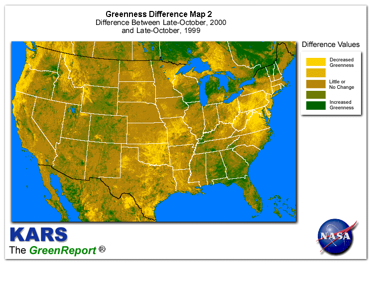Color-coded U.S. vegetation greeness index map for Period 43 of 2000, illustrating spatial variations in plant vigor, with greener tones indicating higher biomass and browner tones indicating stressed vegetation,
              comparing current crop/vegetation change in biomass to same period from the previous year.