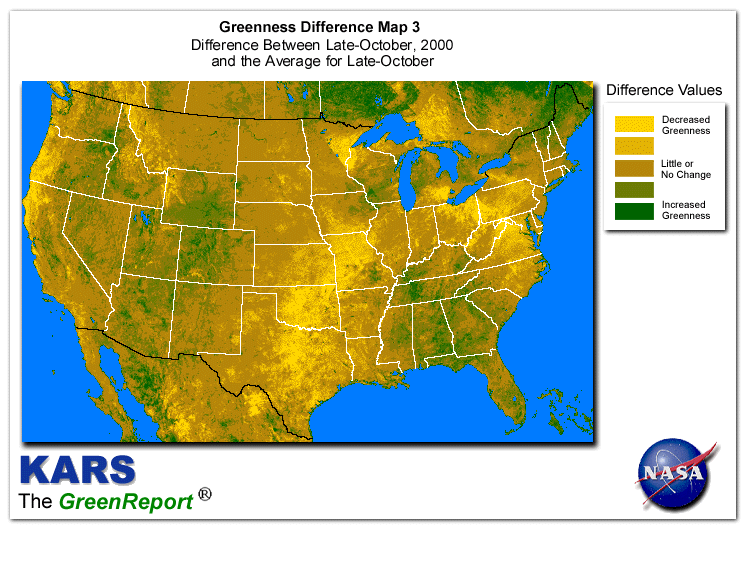 Color-coded U.S. vegetation greeness index map for Period 43 of 2000, illustrating spatial variations in plant vigor, with greener tones indicating higher biomass and browner tones indicating stressed vegetation,
              comparing current crop/vegetation change in biomass to the 20-year greenness average.