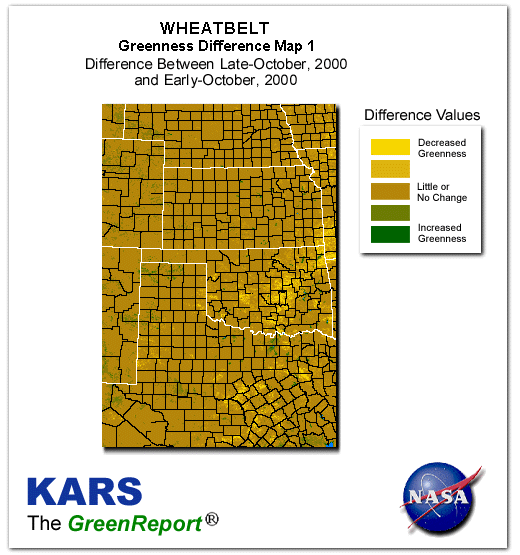 Color-coded Wheat Belt vegetation greeness index map for Period 43 of 2000, illustrating spatial variations in plant vigor, with greener tones indicating higher biomass and browner tones indicating stressed vegetation,
              comparing current crop/vegetation change in biomass to the previous week within the same year.