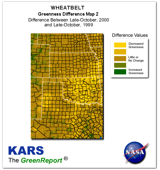 Color-coded Wheat Belt vegetation greeness index map for Period 43 of 2000, illustrating spatial variations in plant vigor, with greener tones indicating higher biomass and browner tones indicating stressed vegetation,
              comparing current crop/vegetation change in biomass to same period from the previous year.