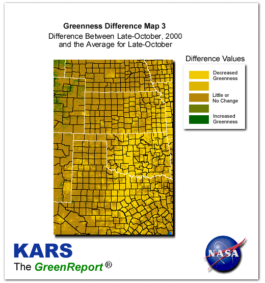 Color-coded Wheat Belt vegetation greeness index map for Period 43 of 2000, illustrating spatial variations in plant vigor, with greener tones indicating higher biomass and browner tones indicating stressed vegetation,
              comparing current crop/vegetation change in biomass to the 20-year greenness average.